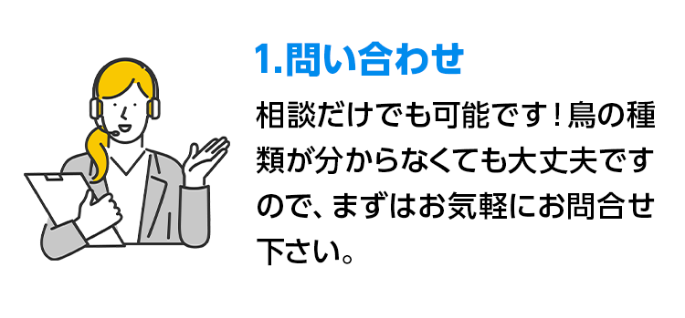 1.問い合わせ 相談だけでも可能です!鳥の種類が分からなくても大丈夫ですので、まずはお気軽にお問合せ下さい。