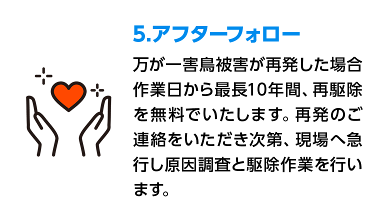 5.アフターフォロー 万が一害鳥被害が再発した場合作業日から最長10年間、再駆除を無料でいたします。再発のご連絡をいただき次第、現場へ急行し原因調査と駆除作業を行います。